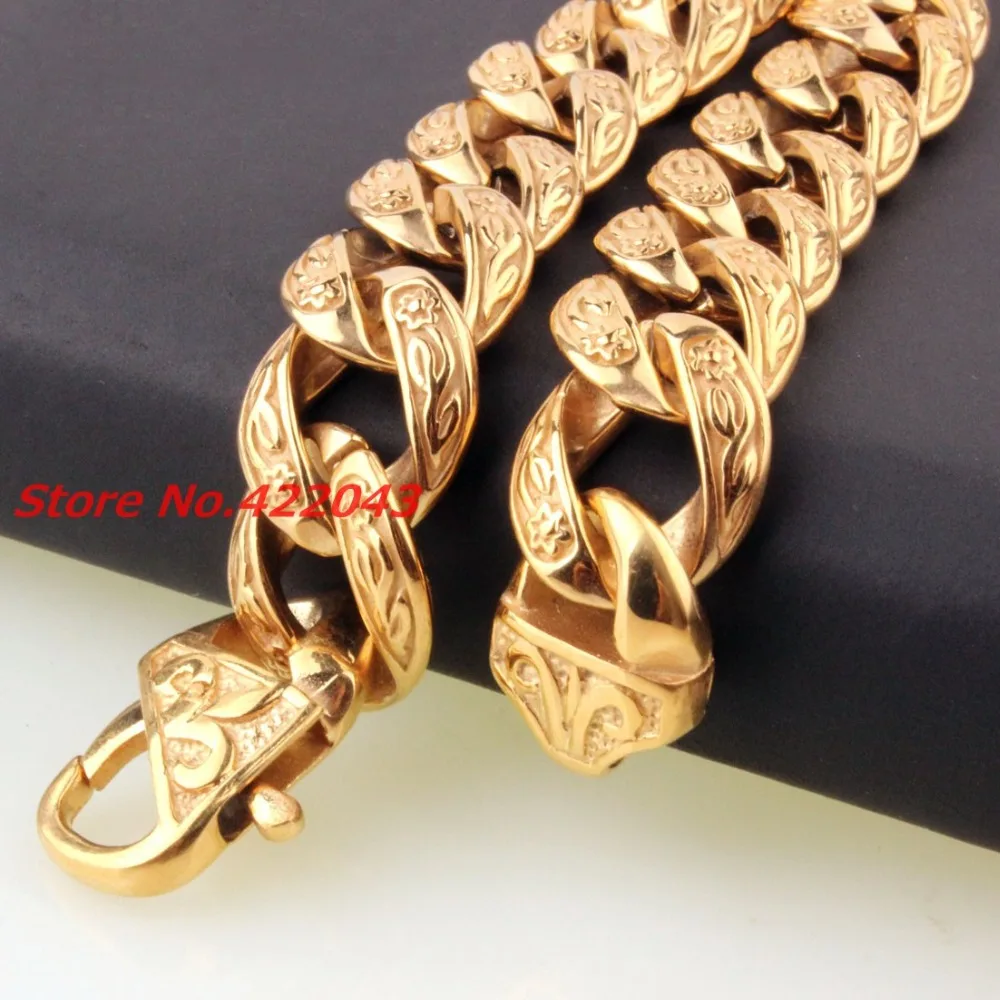 New Fashion Mens Bangle 15mm Solid Gold color  Stainless Steel Cast Flower Cuban Link Chain Bracelet 9\