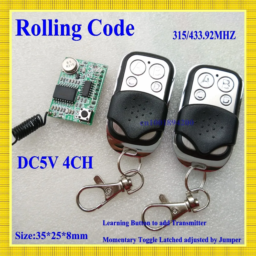 RF Rolling Code Decoding Receiver Module + 2 Transmitters  DC 5V 4CH TTL Output Learning Momentary Toggle Latched RX TX 315/433