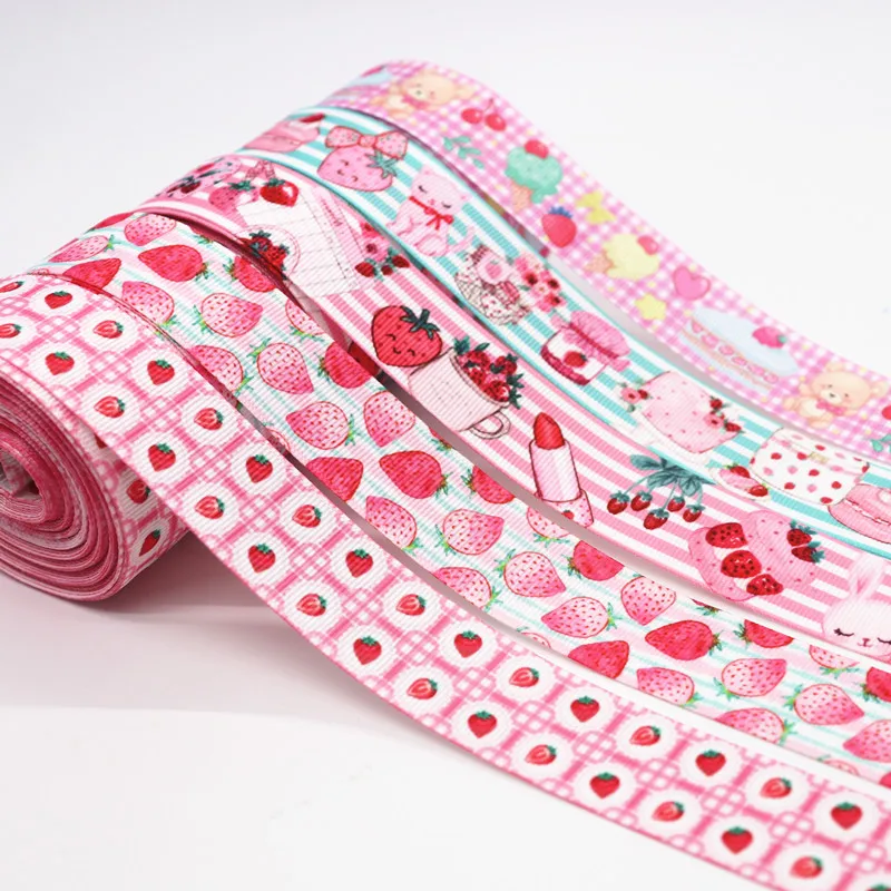 5 Yards Grosgrain Ribbon Strawberry Cake Printed Ribbon 1