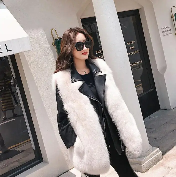 Faux Fox Fur patchwork Overcoat vest Female Autumn Winter Women's Coat waistcoat Jackets PU Leather jacket faux fur Coats L1521