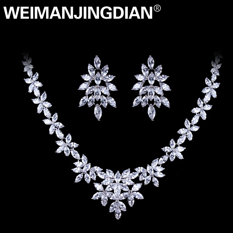 WEIMANJINGDIAN Brand Luxury Marquise Cut Cubic Zirconia Cluster Wedding Necklace and Earring Bridal Jewelry Set