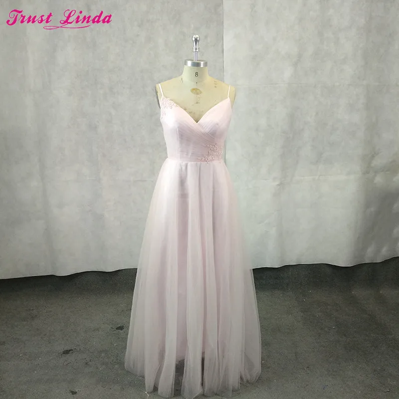 

Sexy Pink Tulle Bridesmaid Dresses Deep V Neck Backless Beads Appliques Party Gown Sleeveless Sweep Train Cheap Tulle Prom Dress