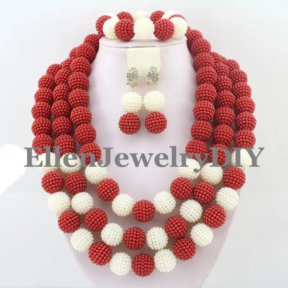 

Gorgeous Red&White Beads Balls African Necklace Jewelry Set Nigerian Beaded Wedding Jewelry Set Free Shipping W10344