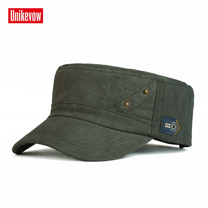 UNIKEVOW 100% Cotton Military Caps Flat top Hat Army Cap With Leather Patch For Men And Women Outdoor Hat Sport Cap