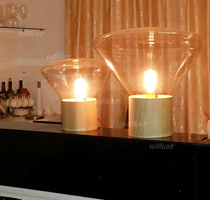 Willluster-木製ベースのモダンなテーブルライト、透明な煙、琥珀色、ガラスシェード、北欧デザイン、デスクランプ、ビンテージバルブ