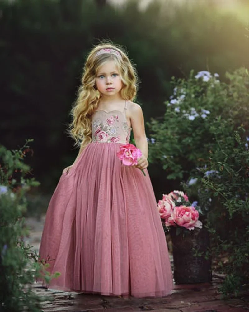 2019 New Princess Dress Kids Girl Pink Lace Flower Strappy Dress Maxi Long Princess Party Children Summer Ball Gown Formal Dress