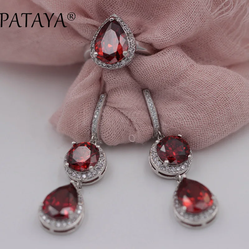 PATAYA New Women Wedding Party Trendy Jewelry Set Water Drop Natural Zirconia Earrings Ring Sets True White Gold Color Jewelry