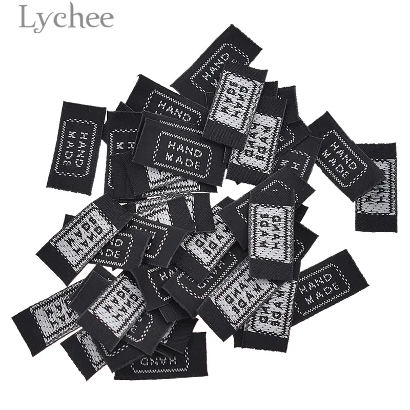 Lychee life 50 sztuk czarne, ręcznie robione etykiety tkane zmywalne haft tagi dla odzieży torby DIY akcesoria do szycia