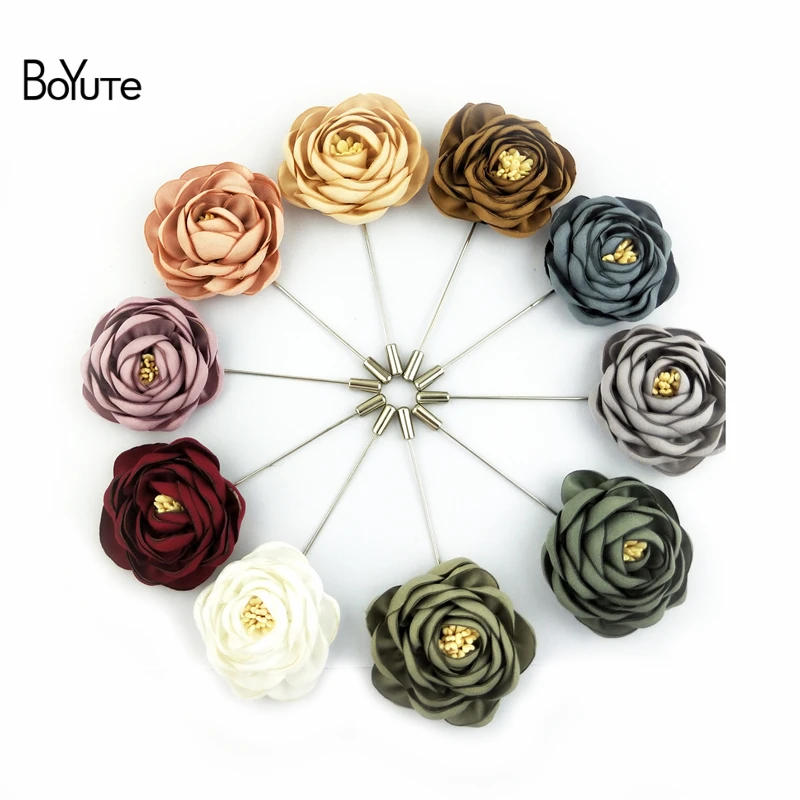 BoYuTe (10 Pieces/Lot) High Quality Handmade Fabric Flower Rose Lapel Pin Brooch Men Classic Wedding Boutonniere 16 Solid Colors