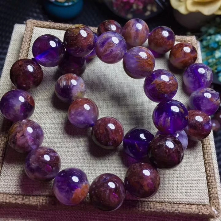 Genuine Natural Cacoxenite Quartz Purple Phantom Round Beads Women Stretch Bracelet 13mm 14mm Reiki Rare Stone AAAAA