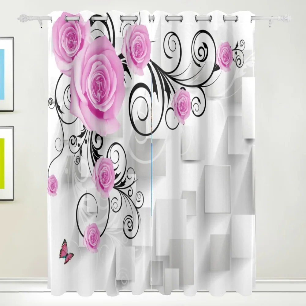 

Curtains Modern Floral Decor Pink Roses Kosmeya Living Room Bedroom 2 Panels Set White Beige 213*140cm