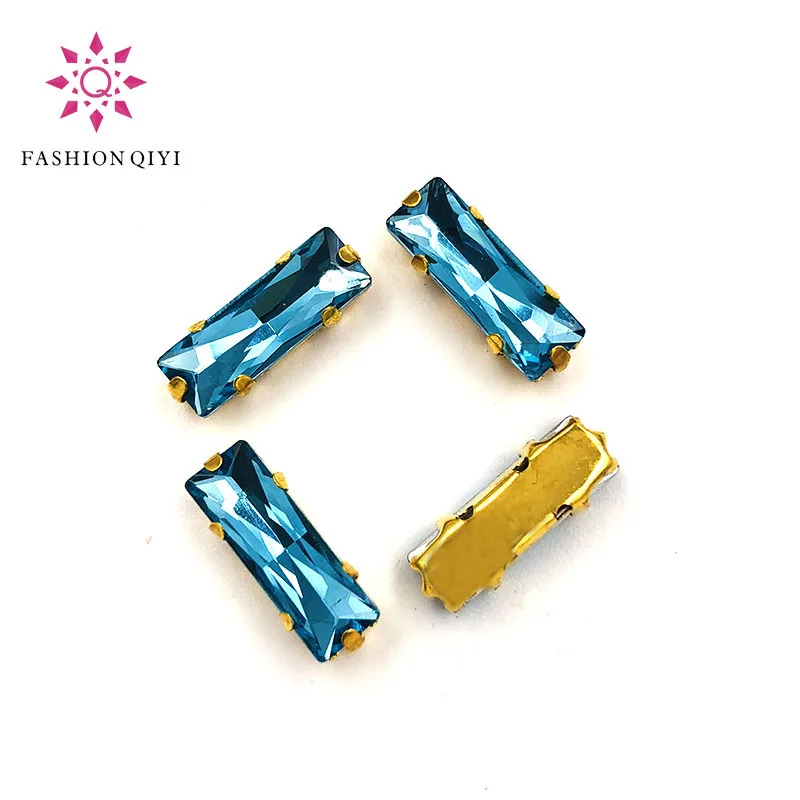 Factory outlet 5X10mm/5X15mm Lake blue sew on rhinestones gold bottom rectangle shape loose rhinestones DIY wedding decoration