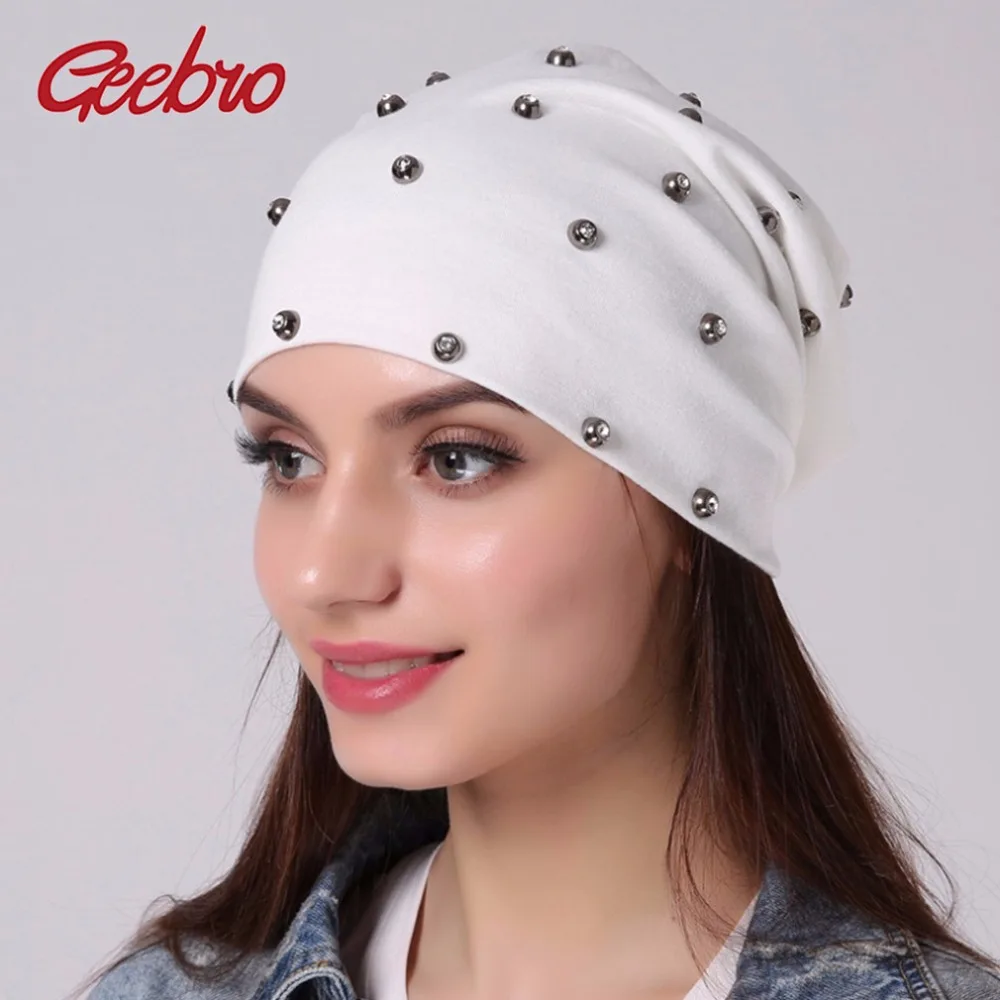 Geebro Women\'s Silver Rhinestones Beanies Hat Spring Casual Cotton Knit Beanie for Women Plaid Thin Hat for Men Skullies Cap