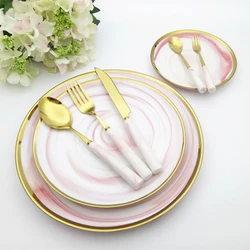 Ceramic Plate Knife Fork Spoon Dinnerware Full Set Golden Edge Marbling Flat Dishes With Gold Tableware Nordic Food Tray Set