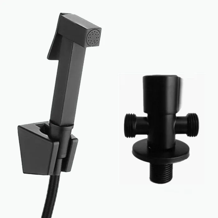 black angle valve and Toilet Bidet square Sprayer Washing Shower Head two water way out Clean Bidets black brass spray