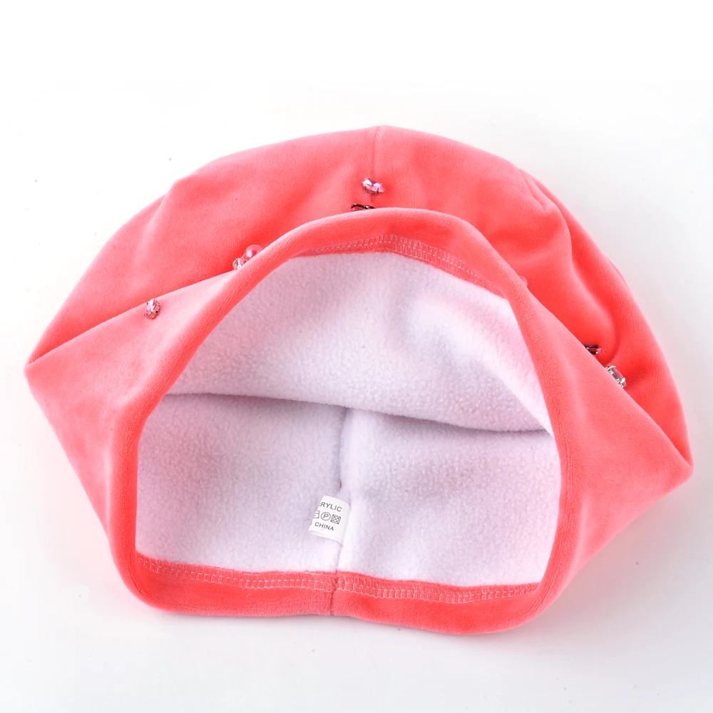 Autumn Winter Hats For Women Cute Rhinestone Pearls Chain Beanies Girls Warm Soft Double Layer Vevet Caps Ladies Skullies Bonnet