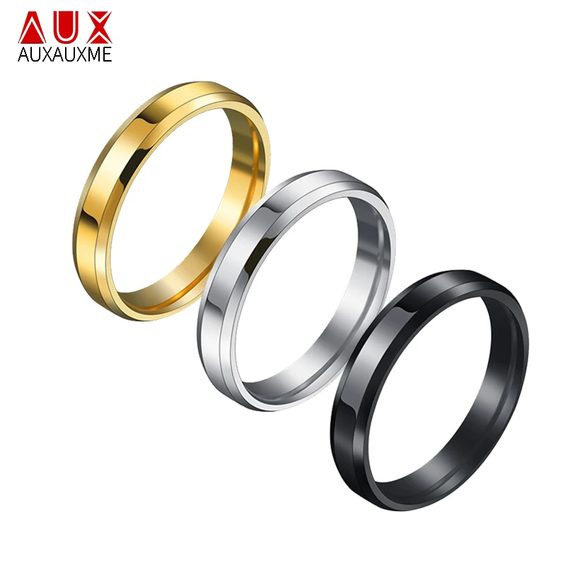 Auxauxme 4mm Titanium Stainless Steel Simple Rings Black Wedding Bands Ring For Women Men High Polished Wholesale Jewelry