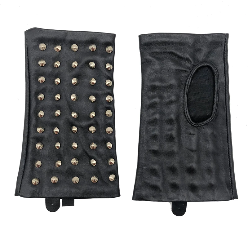 RY852 Women Novelty Soft Real Sheepskin Fingerless Black Gloves Femme Real Leather Golden Rivets Hip Hop Locomotive Mittens