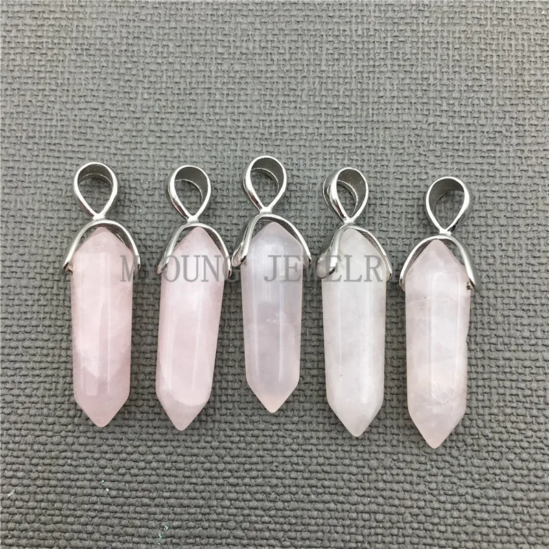 

MY0290 Natural Pink Crystal Quartz Spike Point Pendant, Healing Stone Pillar Pendant Pendulum Shape with Silver Plated Bail