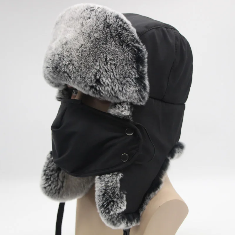 Winter Fur Cap Bomber Male Thickening Natural Rabbit Fur Winter Warm Hat Protection Face Mask Explosion Cap New 2024