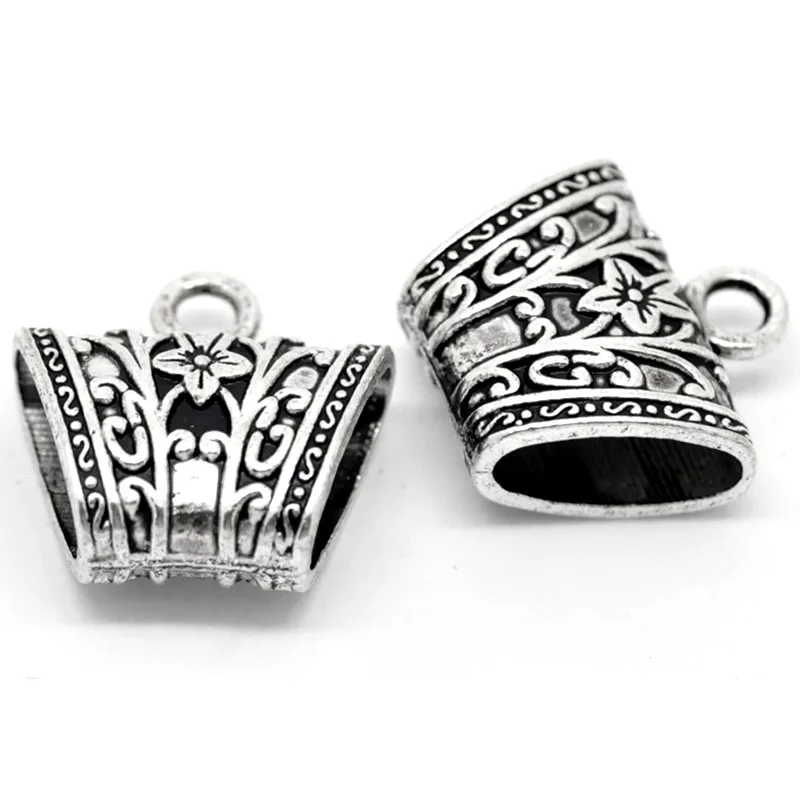 50Pcs Silver Tone Flower Floral Carved Bail Beads For Wrap Scarf Jewelry Finding 23x23mm