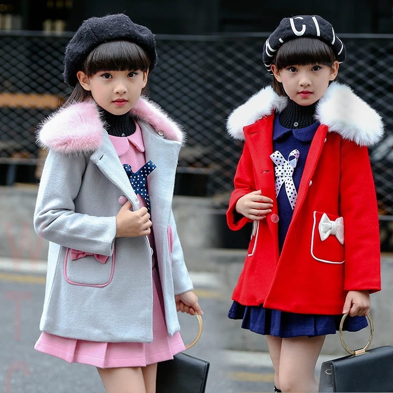 

High-Grade Girls Woolen Clothing Set Fall Winter New Kids Woollen Fur Collar Coat + Vest Dress 2 Pcs Suit Children's Clothes P49