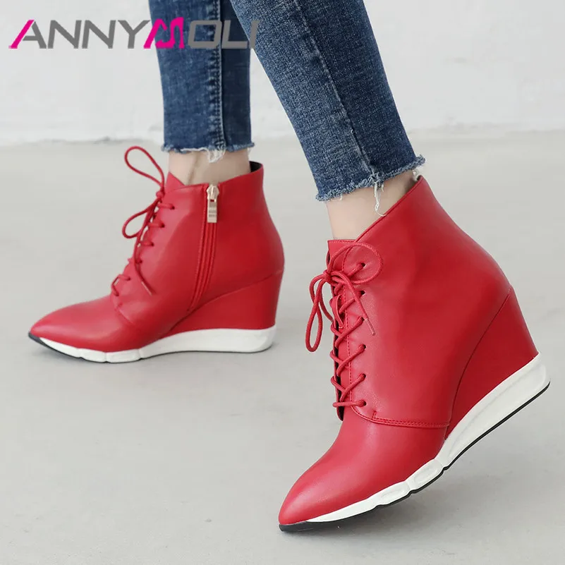 ANNYMOLI Winter Ankle Boots Women Boots Zipper Wedge High Heel Short Boots Lace Up Pointed Toe Shoes Ladies Fall Red Size 34-40