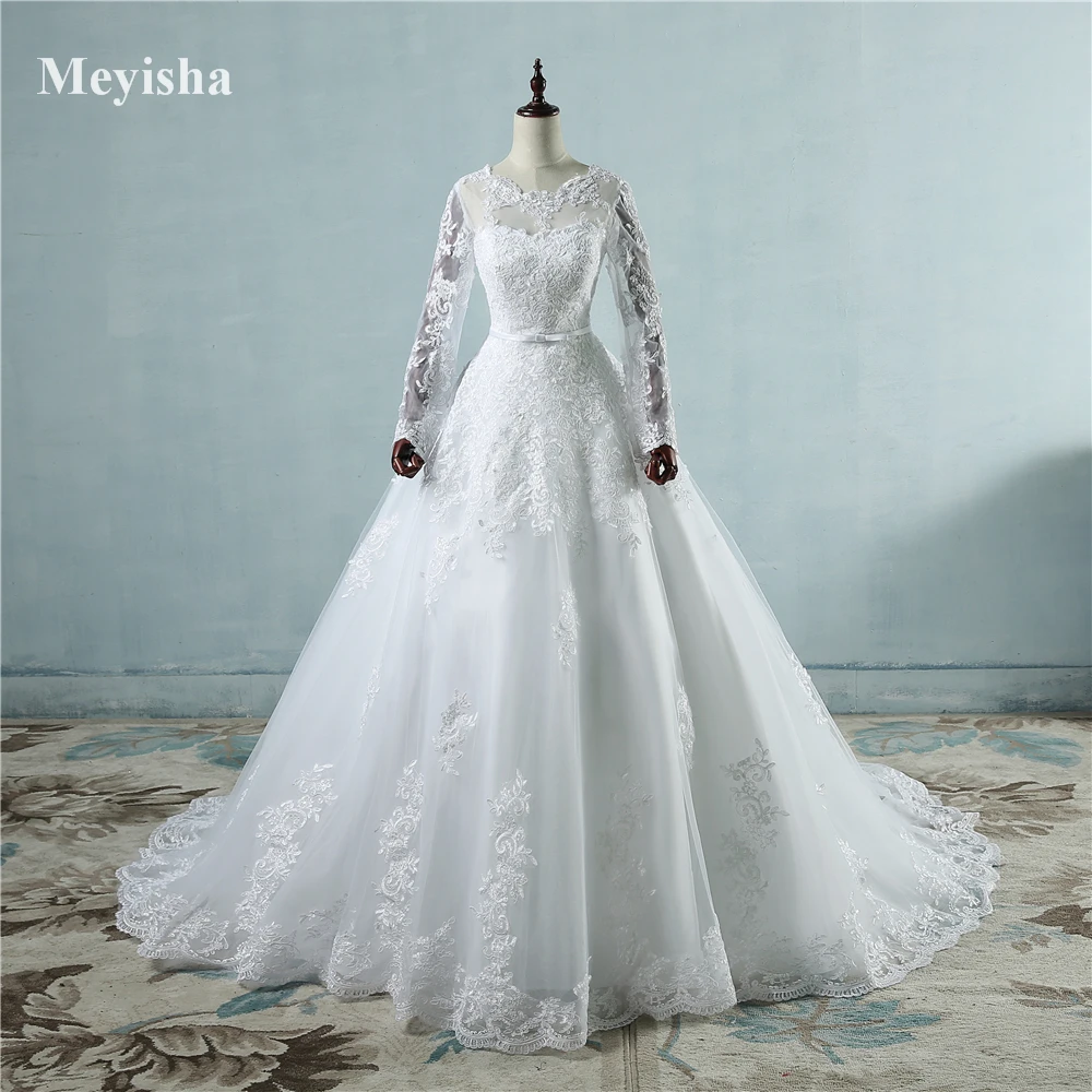 ZJ9065 Customized New Arrival 2025 Long Sleeve Wedding Dresses Sheer Tulle Back Sexy Bride Dresses Wedding Gowns Pearls Princess