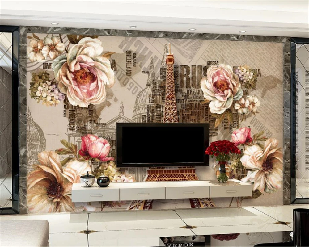 

beibehang Custom Wallpaper Furniture Decorative Mural Modern European and American Retro Rose Tower TV Wall mural 3d wallpaper