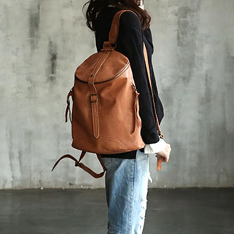 Vendange fashion preppy style bag retro cow leather bucket bag handmade leather backpack 2106