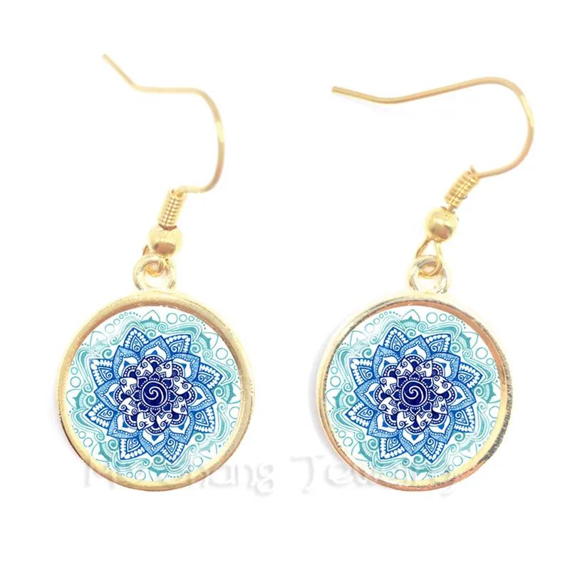 Handmade Buddhism Earrings Art Glass Dome Vintage Neon Blue Pink Purple Green Mandala Boho Glass Gem Drop Earrings