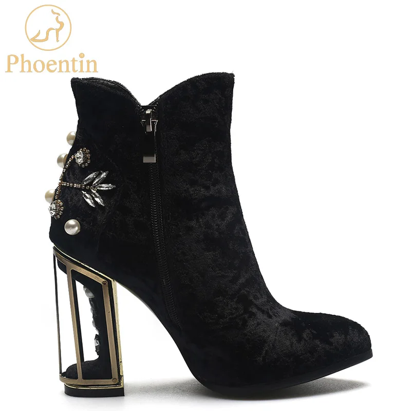 Phoentin crystal flower ankle boots pearl metal fretwork super high heels beautiful zipper women boots red shoes FT270