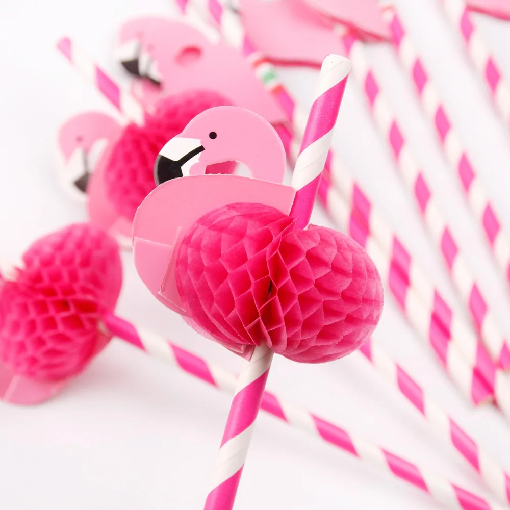 Pink Paper Flamingo Straws Hawaiian Party Decorations Birthday Wedding Paper Drinking Straws Beach Summer Aloha Party Supplies