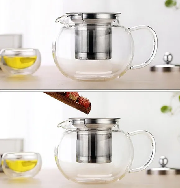 1PC 6 Capacity 350ml,500ml,650ml,800ml,950ml,1300ml Hear Resistant Glass Teapot Cup with Stainless Steel Infuser and Lid JN 1032