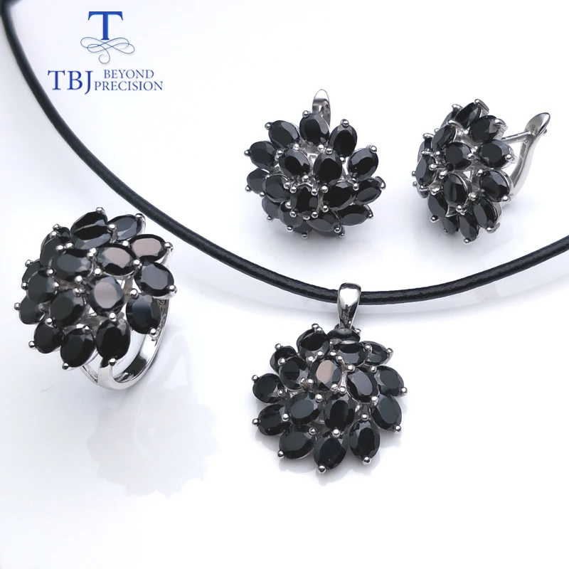 

TBJ,natural black spinel gemstone jewelry set in 925 sterling silver best ring pendant earring for women daily party wear