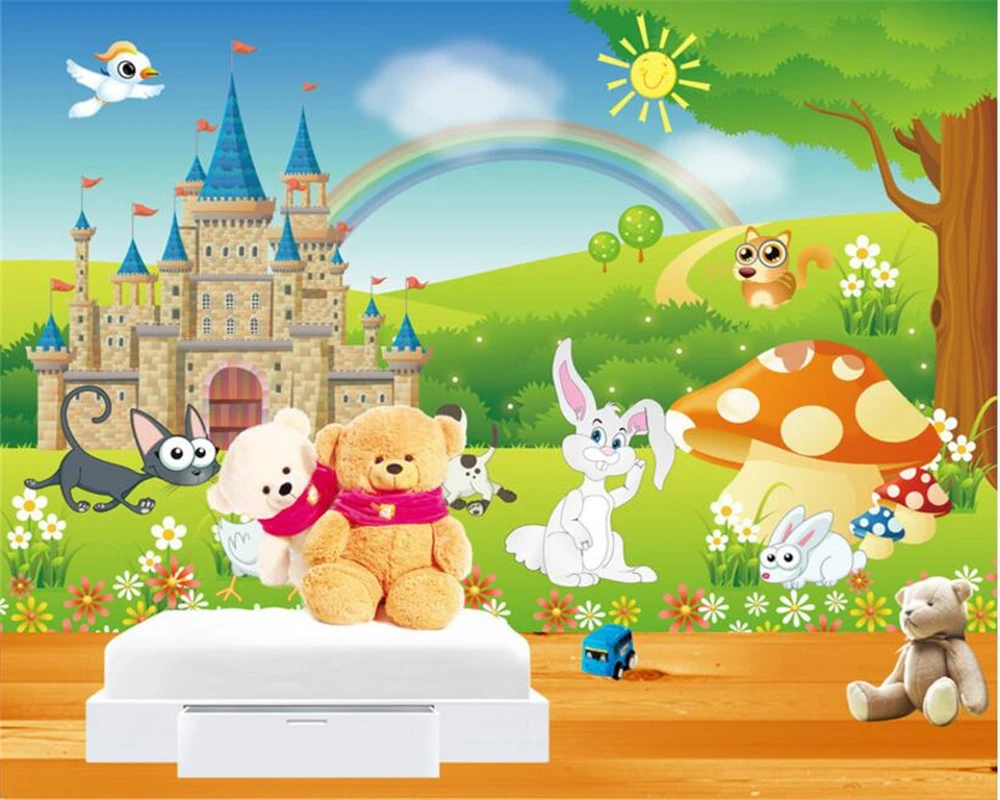 beibehang Custom Kids Room Background 3D Wallpaper Cartoon Rainbow Mushroom White Rabbit Photo 3d Wallpaper mural papier peint