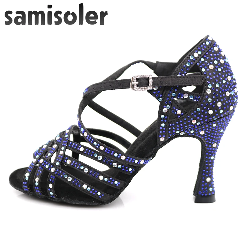 Samisoler pattini di vestito donna zapatos de baile Latina mujer nero di raso blu scuro strass signore salsa festa da ballo