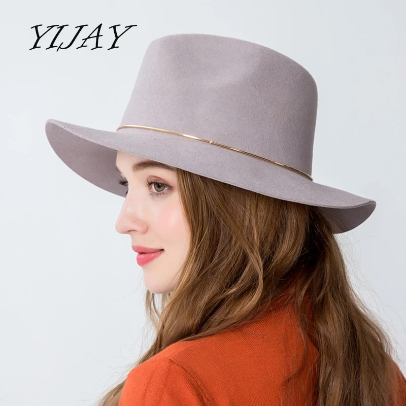 

High Quality Unisex Jazz Hat Solid Color Gold Hoop Belt Wool Felt Fedoras Hats For Women Men