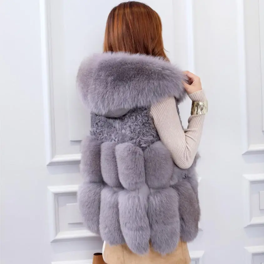 Winter fashion women's hooded jacket Faux fur vest coat Fake fur waistcoat female sleeveless patchwork fur outerwear L1087