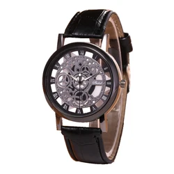 Fashion Skeleton Watch For Men Engraving Hollow Reloj Hombre Quartz Male's Wristwatch Leather Band Clock Gift relogio masculino