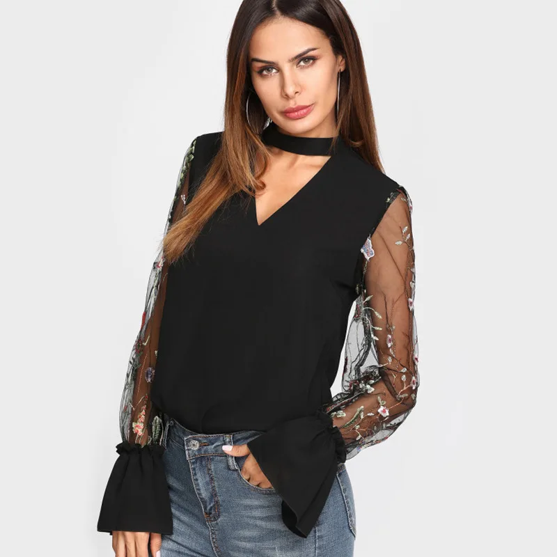 Ladies Sexy Floral Blouses 2018 Summer Womens Fashion Tops Embroidered Mesh Flare Long Sleeve V Neck Black Female Elegant Shirts