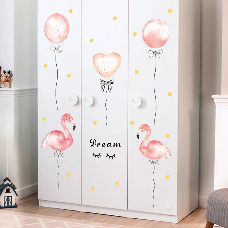 Dormitory Girl Room Decoration Flamingo Balloon Pink Wall Stickers Warm Bedroom Home Decor DIY Self-adhesive Wardrobe Stickers