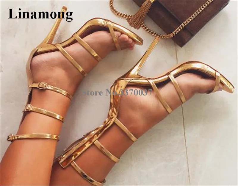 

Brand Design Women Fashion Open Toe Thin Straps Stiletto Heel Gladiator Sandals Back Zipper-up Gold High Heel Sandals Dress Shoe