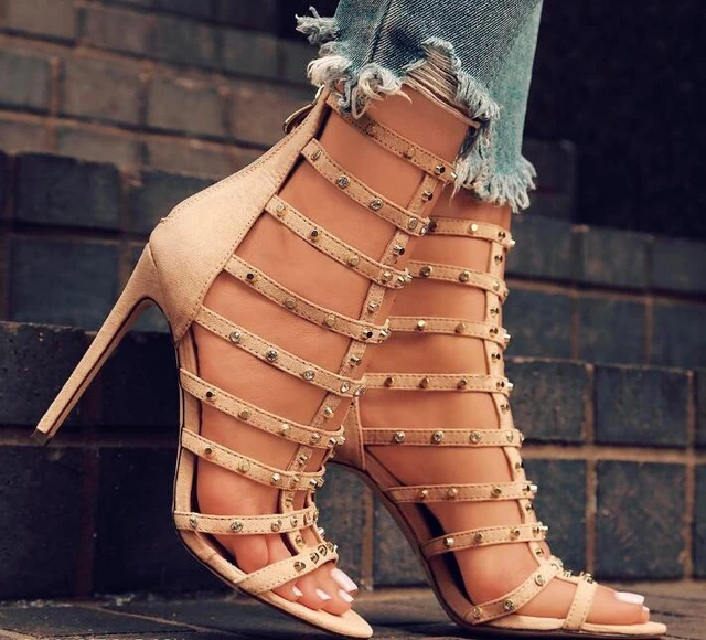 Sexy Open Toe Luxury Rhinestone Straps Women Caged Sandals Cut Out Style Ladies Stud High Heels Zipper Back Gladiator Sandals AliExpress