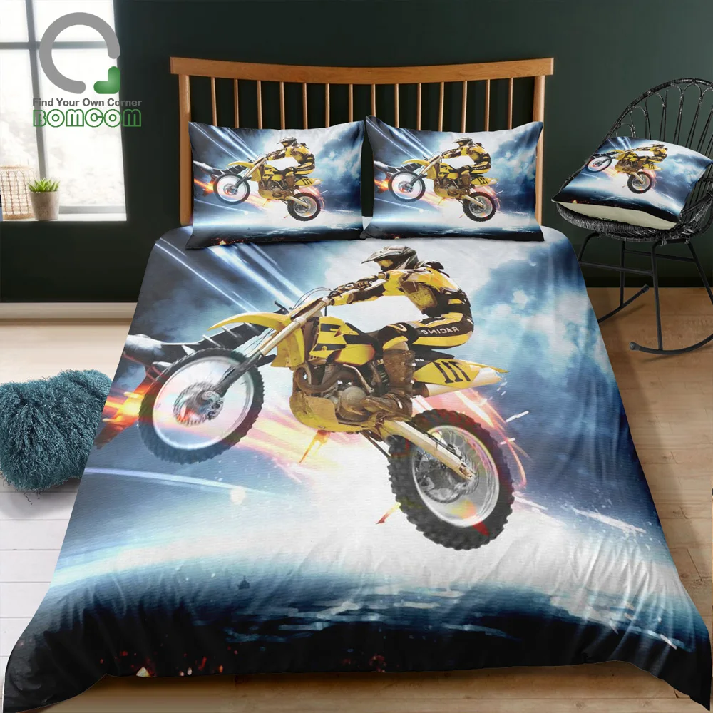 

BOMCOM 3D Digital Printing bedding set yellow racing motorbike rider jump with airplane Duvet Cover Set 100% Microfiber