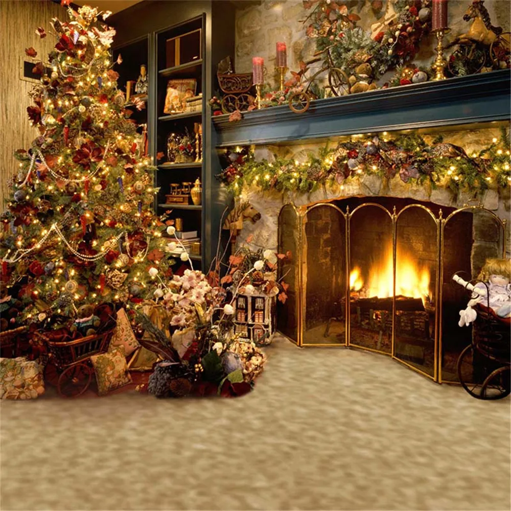 

Indoor Fireplace Christmas Tree Photography Background Printed New Year 2024 Decoration Home Party Photo Backdrop Vintage