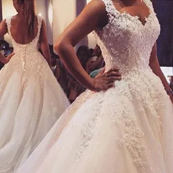 Ball Gowns Spaghetti Straps White Ivory Tulle Wedding Dresses 2025 Hot with Pearls Bridal Dress Marriage Customer Made Size