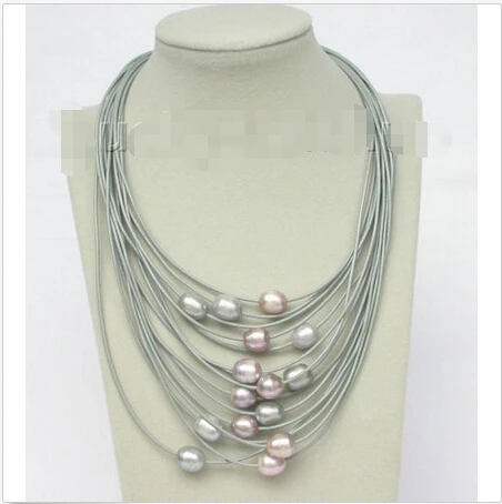 

Free shipping 17"-24" 15row 14mm purple Gray pearls leather necklace magnet clasp j8796