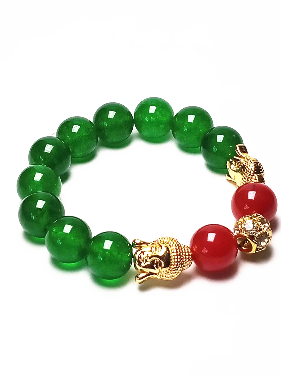 

Koraba 12mm Natural Green Jade Gold Sakyamuni Buddha Round Gemstones Beads Stretch Bangle Bracelet