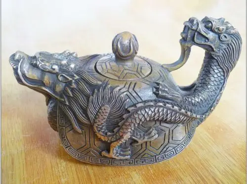 Exquisite Chinese Old Handwork Copper Dragon Turtle Statue Teapot